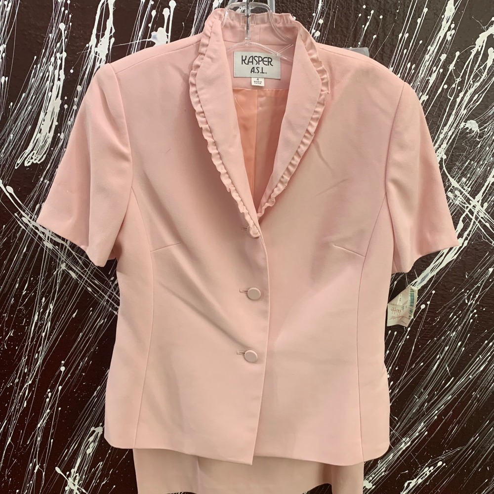 Kasper ASL Pink Skirt Suit Set Short Sleeve Ruffle Collar Blazer Pencil Skirt 4